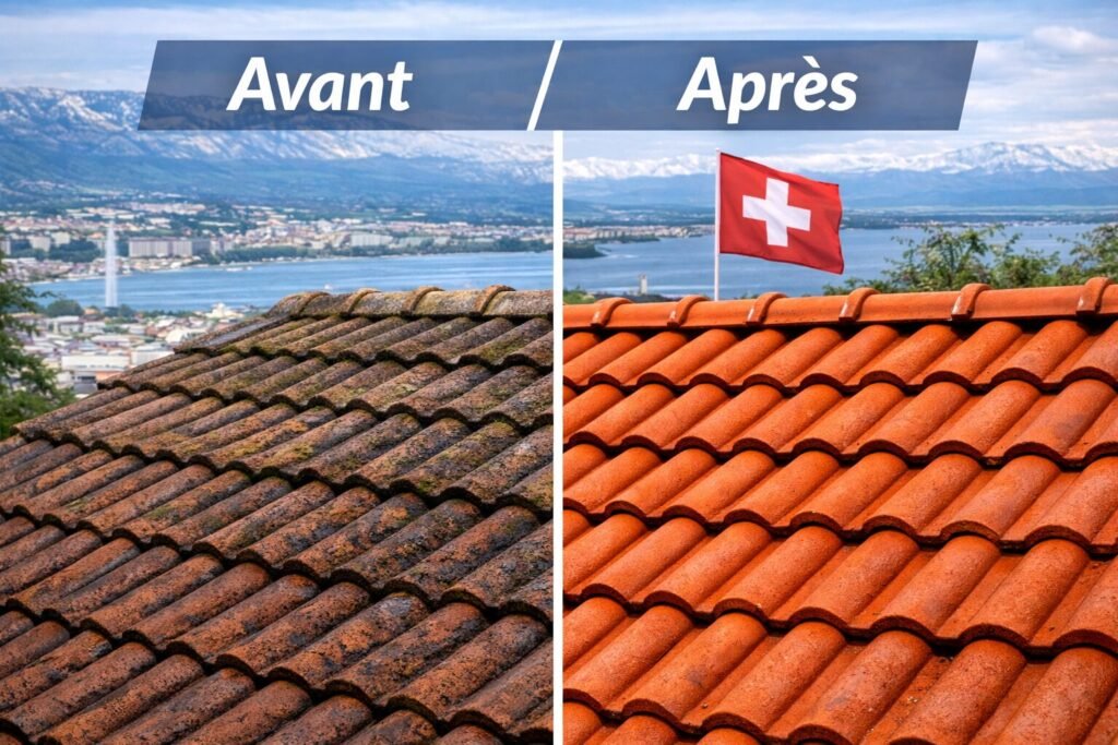 avant après traitement de toiture à Genève sur toit suisse démoussage nettoyage toiture