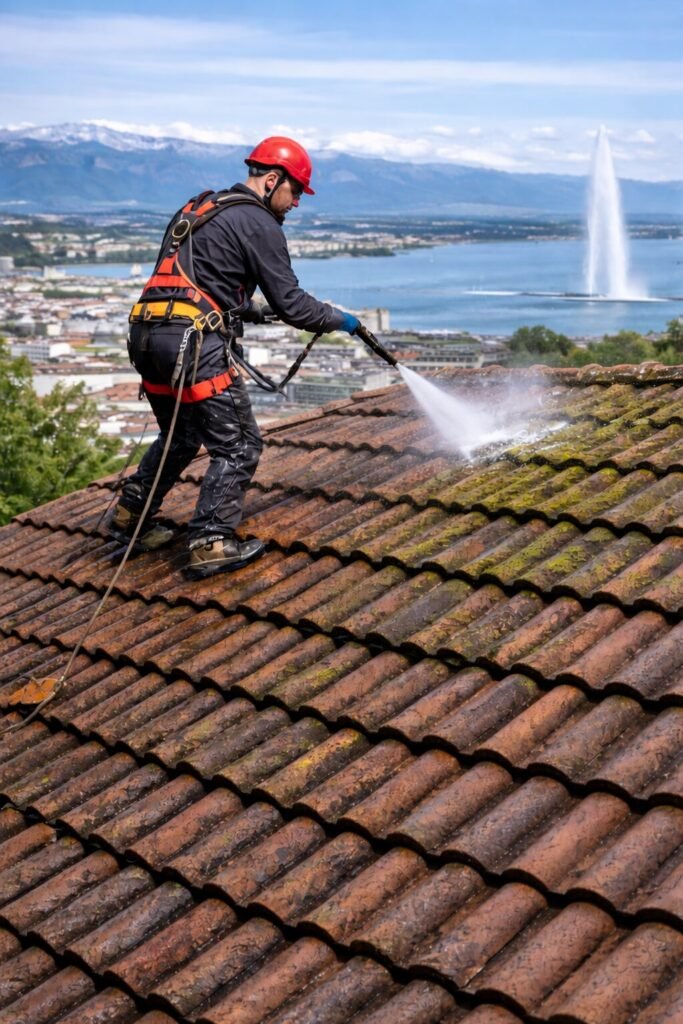traitement de toiture à Genève sur toit suisse en tuiles avec démoussage professionnel