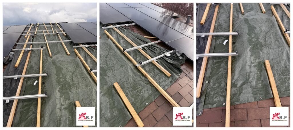 Montage de trois photos montrant un bâchage de toiture en urgence à Borex dans le canton de Vaud avec protection provisoire sous panneaux solaires avant réfection complète.